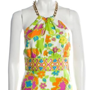 MILLY SILK FLORAL COCKTAIL DRESS WITH CHAIN HALTER SIZE 00